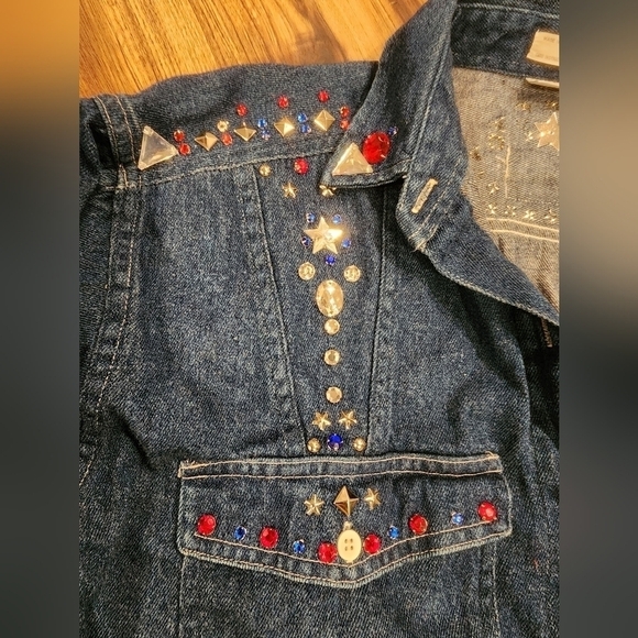 Vintage Levis Cropped Jean Jacket Rhinestones Studded - Picture 9 of 15